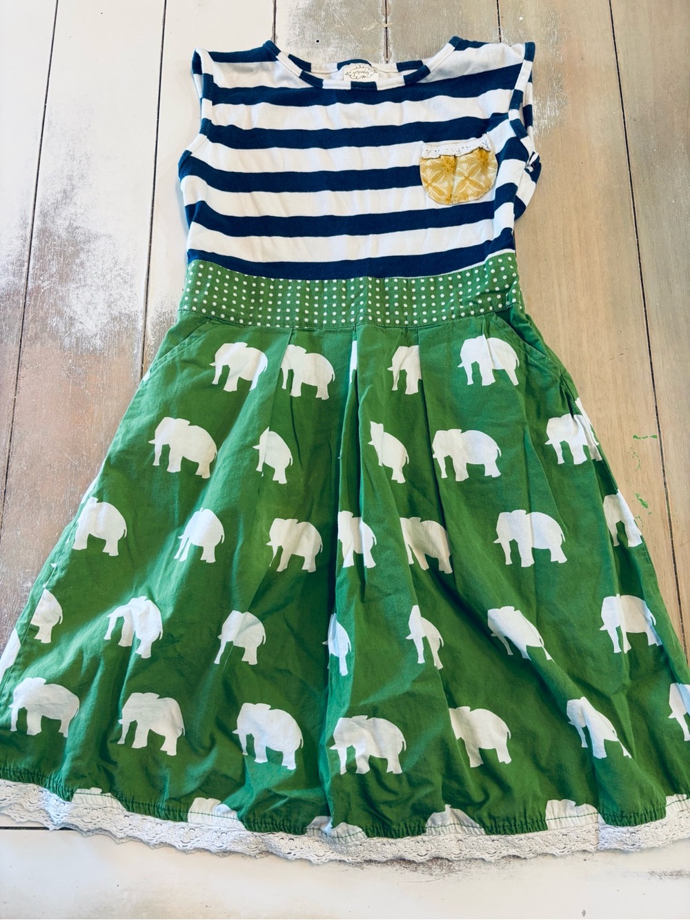 Persnickety Navy & White Striped Top with Green Elephant Skirt